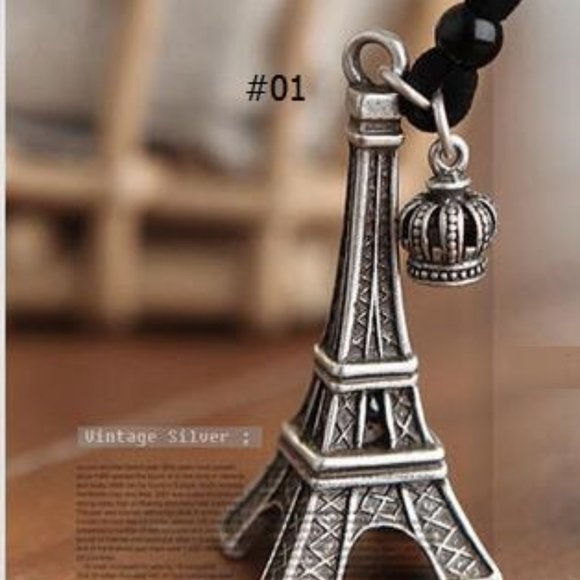 Silver Eiffel Tower Paris Necklace Leather Cord - Picture 3 of 6